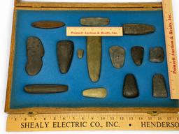 14pc. Curated Ancient Native American Hardstone Artifacts Cased Display