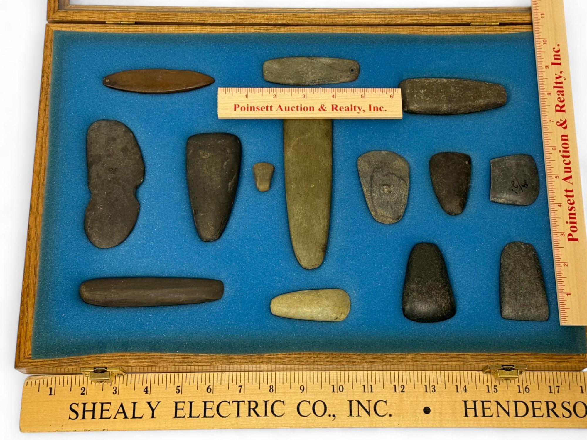 14pc. Curated Ancient Native American Hardstone Artifacts Cased Display