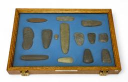 14pc. Curated Ancient Native American Hardstone Artifacts Cased Display