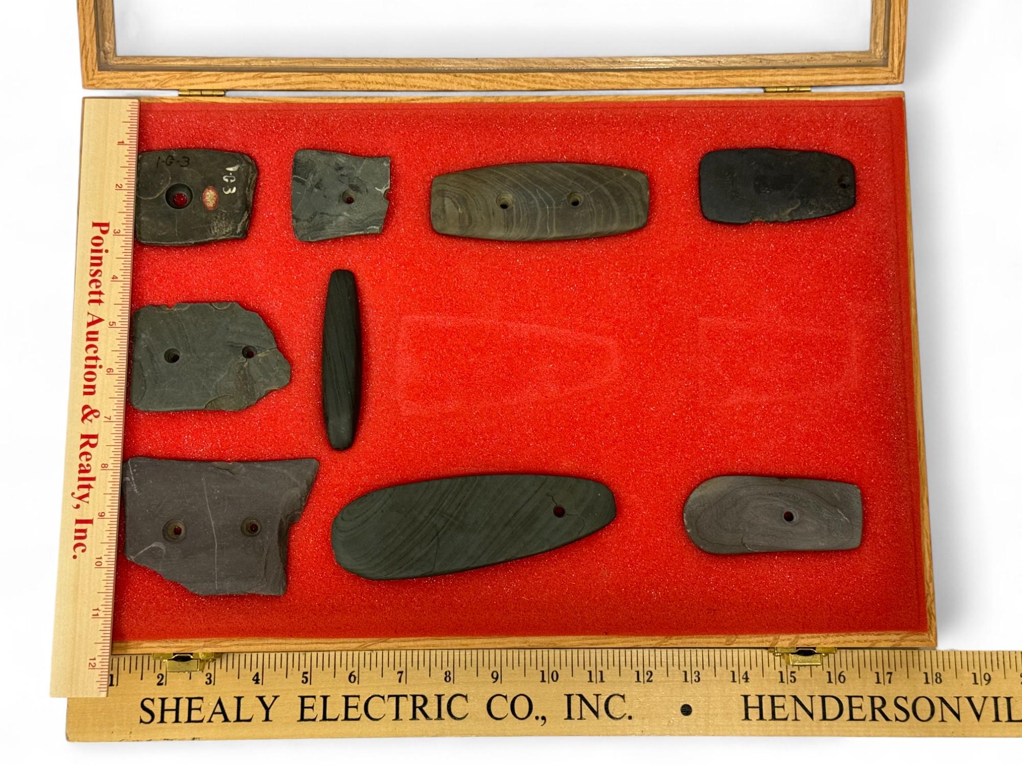 9pc. Curated Ancient Native American Slate Pendants / Gorgets Cased Display