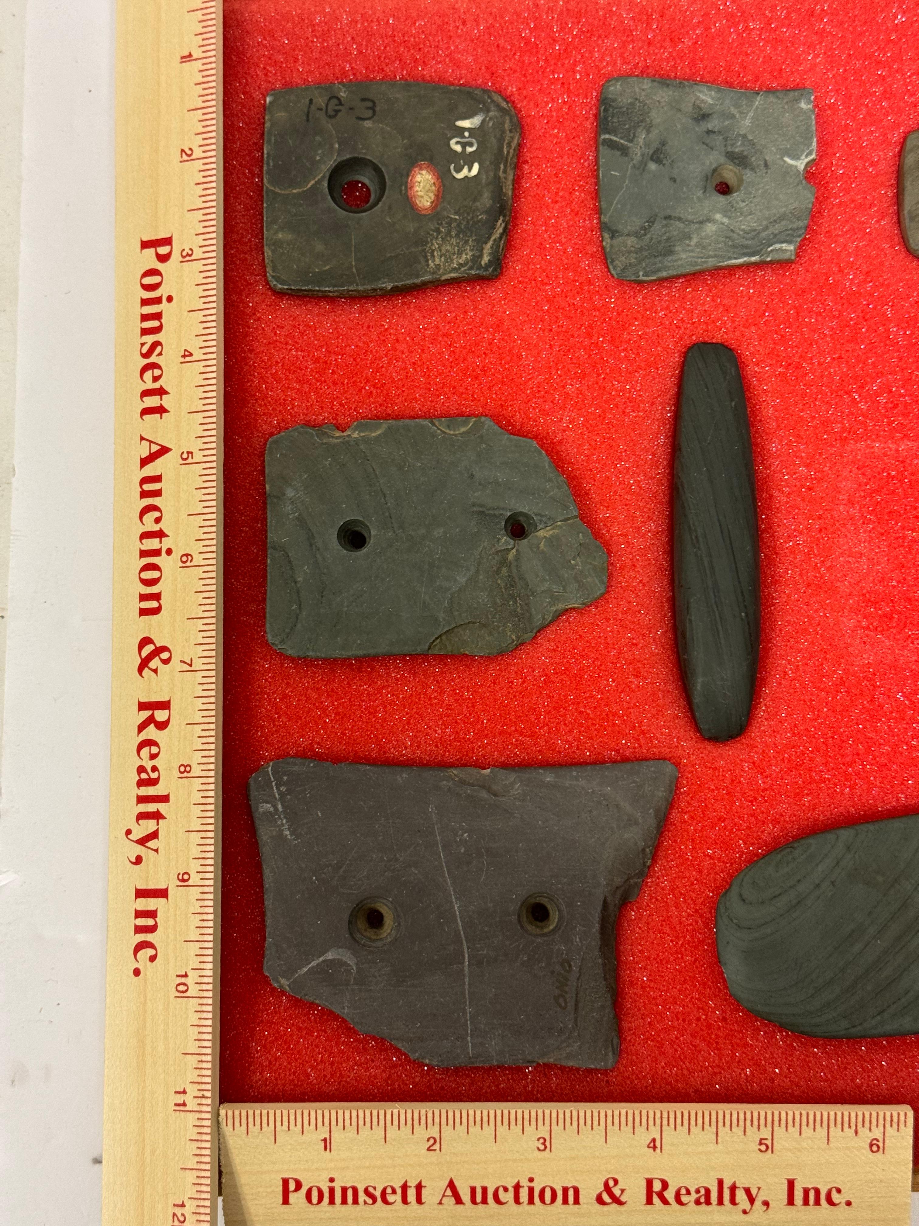 9pc. Curated Ancient Native American Slate Pendants / Gorgets Cased Display
