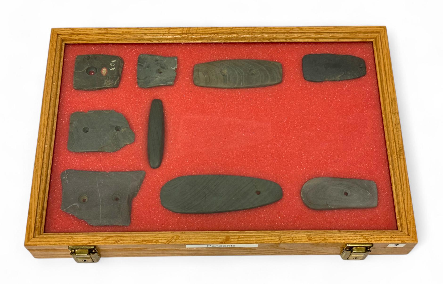 9pc. Curated Ancient Native American Slate Pendants / Gorgets Cased Display