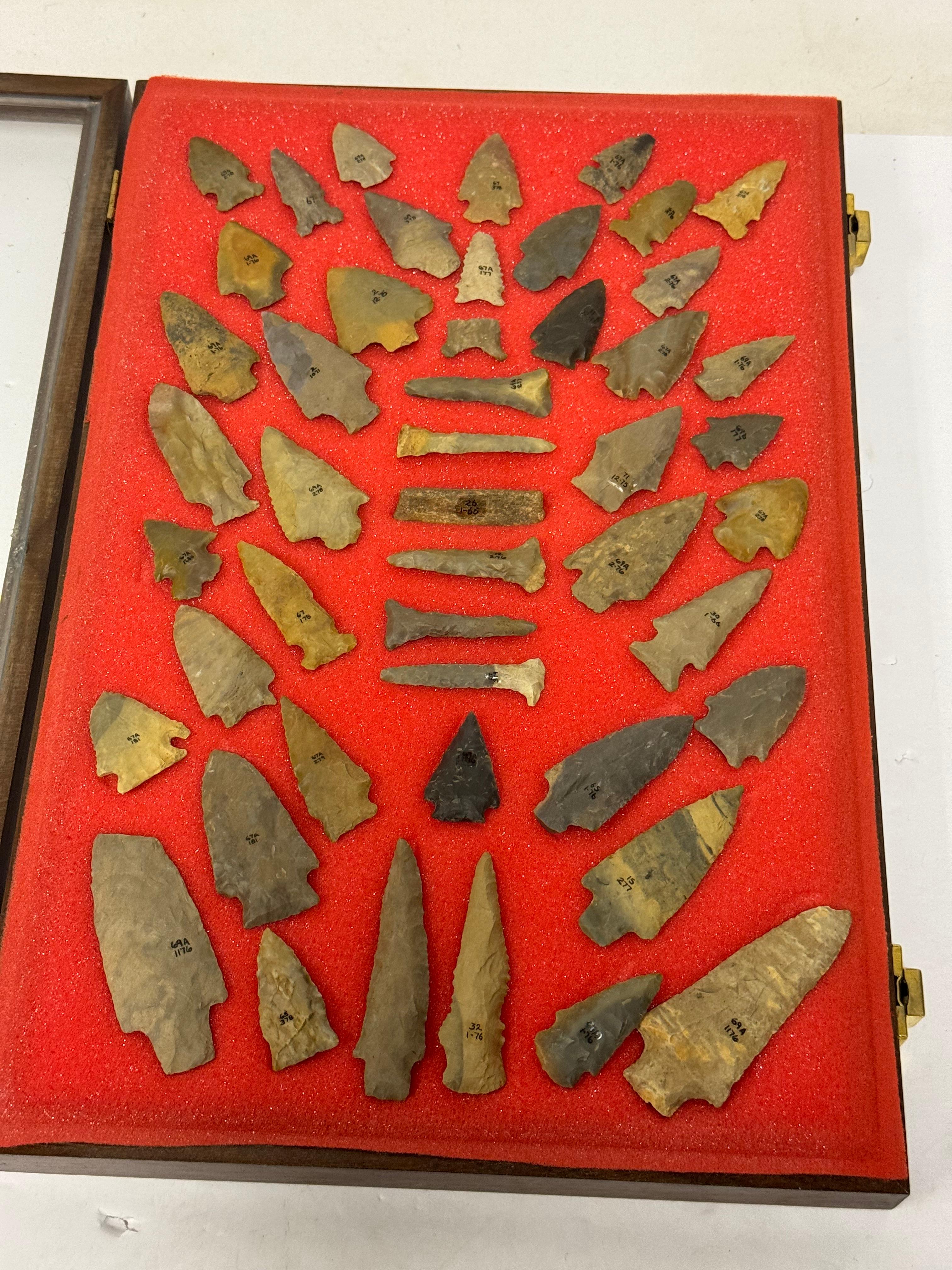 49pc. Curated Ancient Native American Projectile Point Cased Display from North Alabama