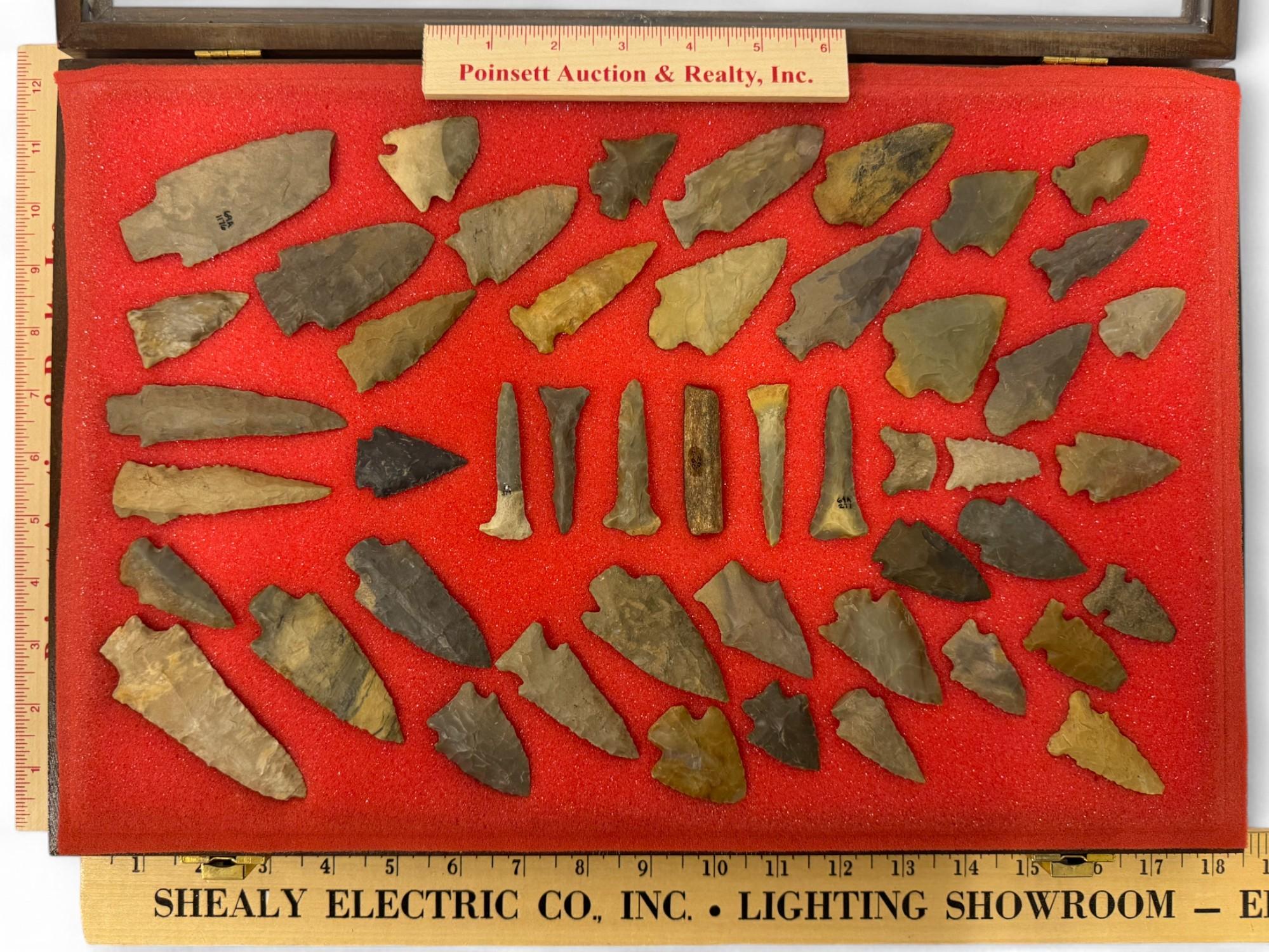 49pc. Curated Ancient Native American Projectile Point Cased Display from North Alabama