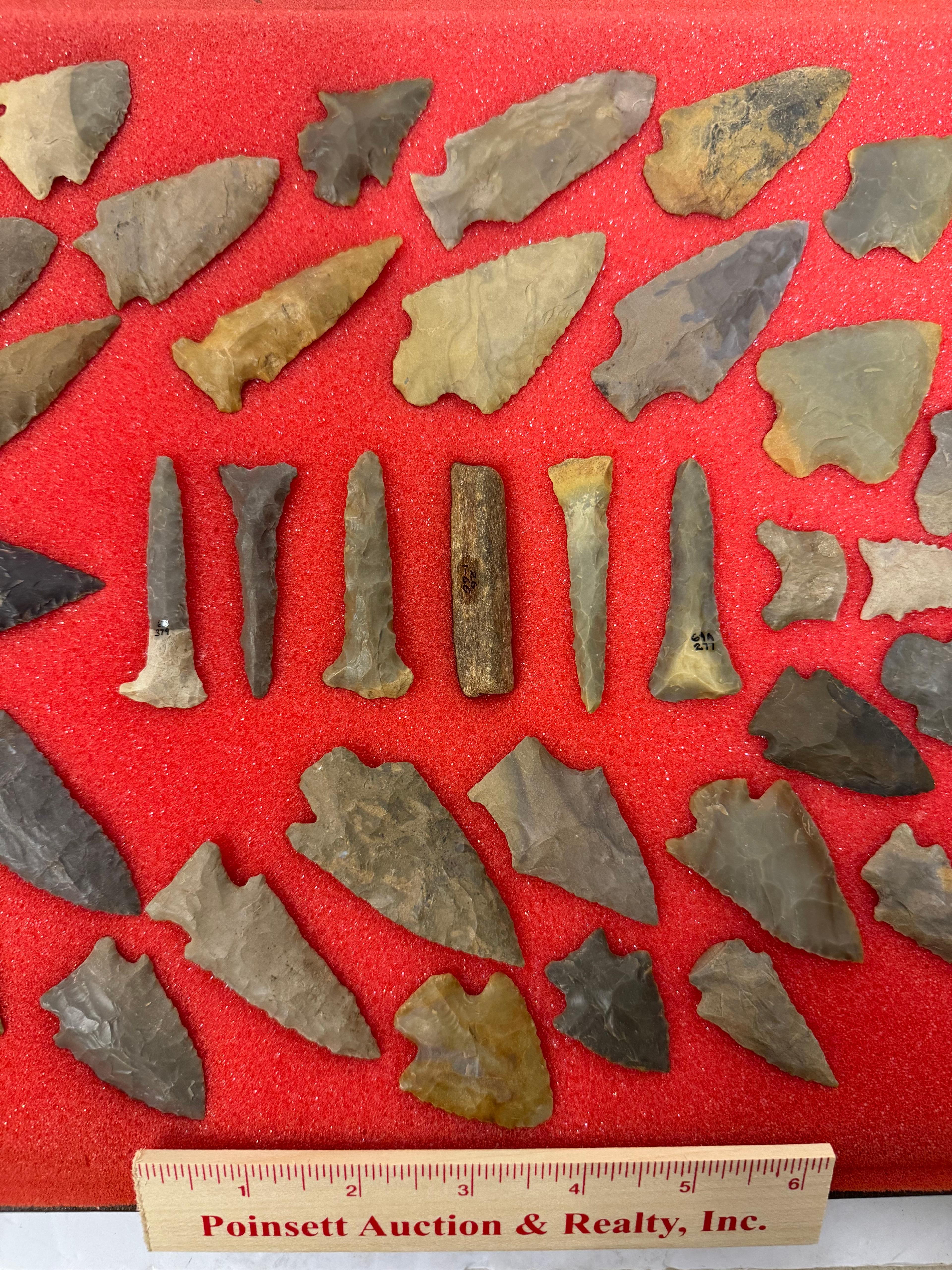 49pc. Curated Ancient Native American Projectile Point Cased Display from North Alabama