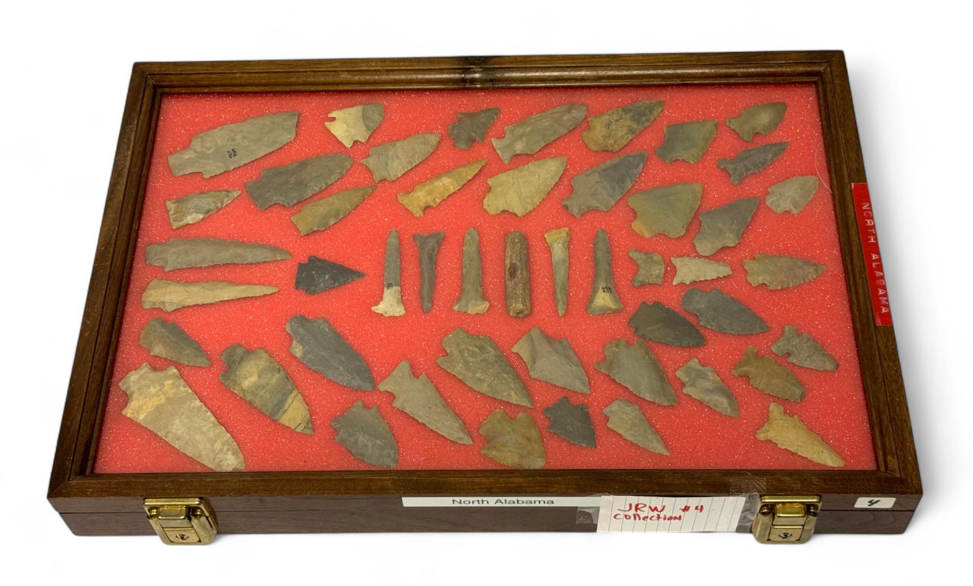 49pc. Curated Ancient Native American Projectile Point Cased Display from North Alabama
