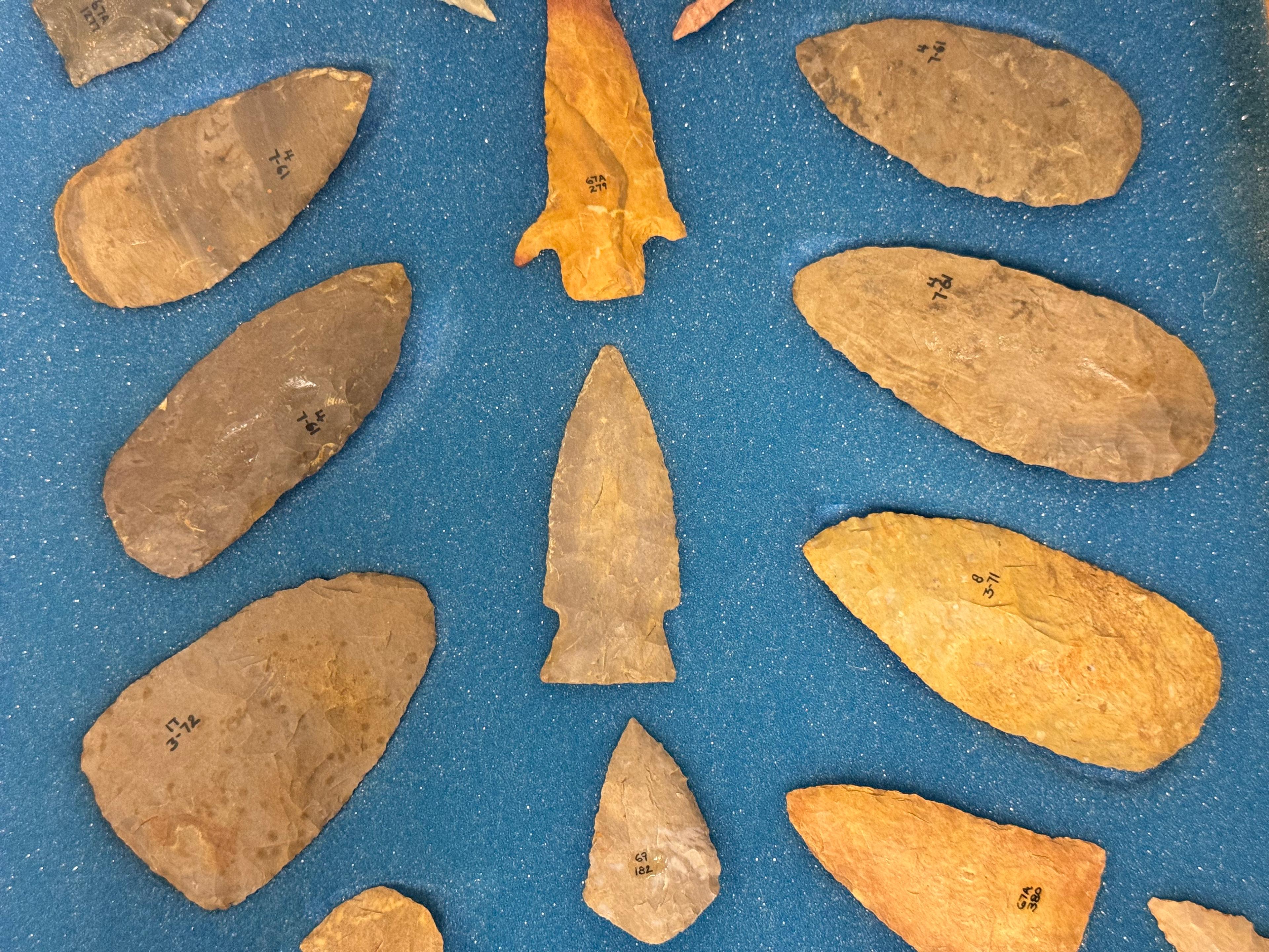 33pc. Curated Ancient Native American Projectile Point Cased Display from North Alabama