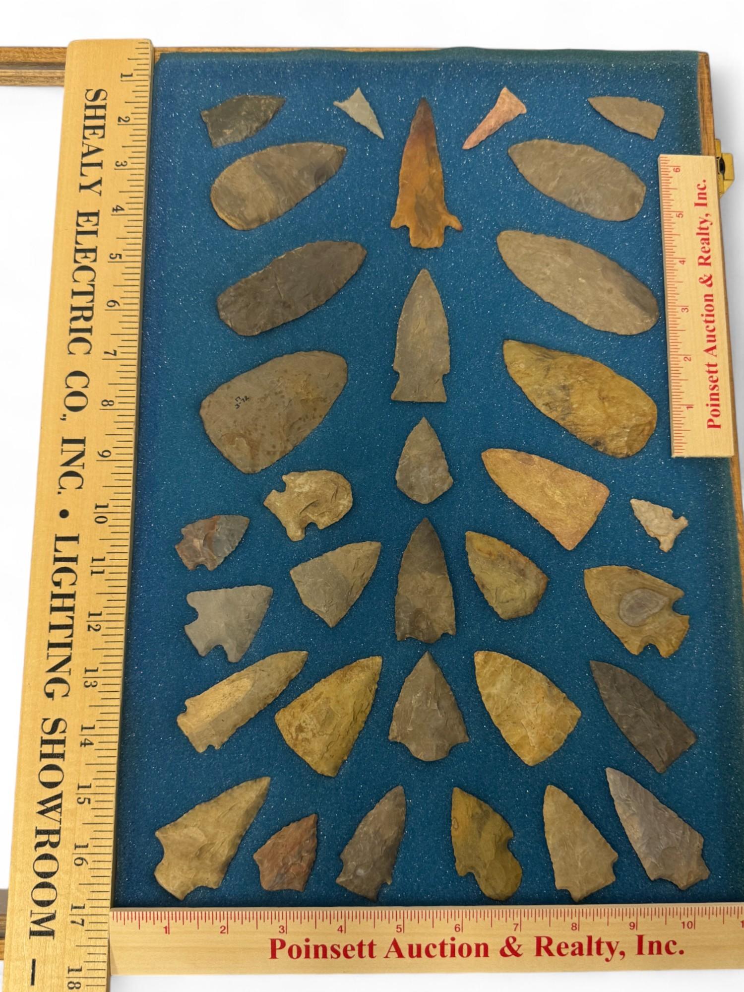 33pc. Curated Ancient Native American Projectile Point Cased Display from North Alabama