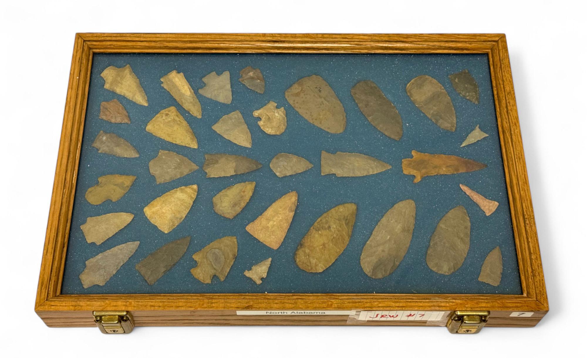 33pc. Curated Ancient Native American Projectile Point Cased Display from North Alabama