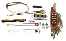 Lot of Post-Era Native American Beaded Jewelry, Belt and Knife