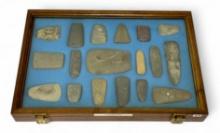 18pc. Curated Ancient Native American Hardstone Artifacts Cased Display