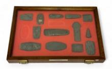 13pc. Curated Ancient Native American Slate Pendants Cased Display