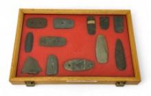 12pc. Curated Ancient Native American Slate / Hardstone Gorgets & Pendants Cased Display