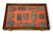 14pc. Curated Ancient Native American Bannerstones & Gorgets Cased Display