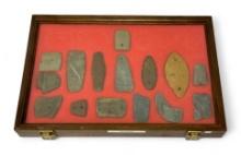 15pc. Curated Ancient Native American Slate / Hardstone Gorgets & Pendants Cased Display