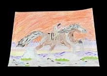 Mythical Native American Indian on Giant Horse holding Desert Eagle Pencil Drawing