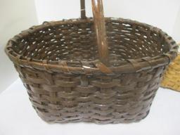 Vintage Large Brown Gathering Basket and Small Split Oak Handle Basket