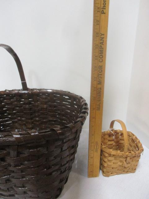 Vintage Large Brown Gathering Basket and Small Split Oak Handle Basket