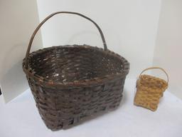 Vintage Large Brown Gathering Basket and Small Split Oak Handle Basket