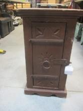 Small Rustic Carved Wood 2-Shelf Cabinet with Hinged Door