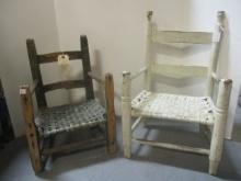 2 Vintage Child's Painted Wood with Woven Seat Chairs