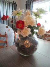 Large Glass Ball Vase with Pine Cones and Artificial Florals