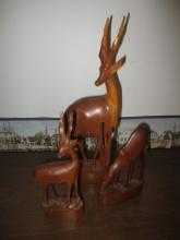 Three Hand Carved Wood Antelope Figures