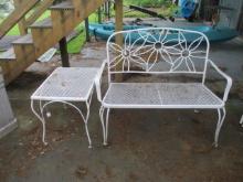 White Metal Mesh Bench and Side Table