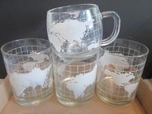 Vintage Nestle Etched Glass Globe Cup and Three Tumbler High Balls
