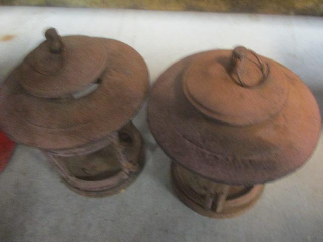 Pair of Cast Metal Pillar Candle Lanterns