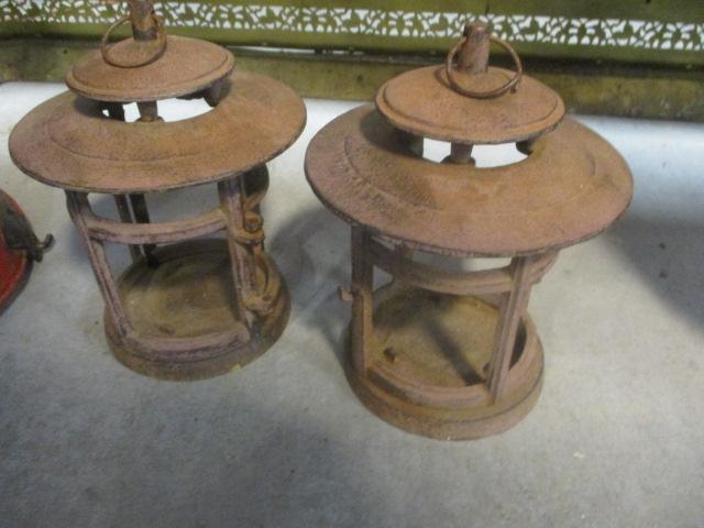 Pair of Cast Metal Pillar Candle Lanterns