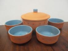 Handpainted Terra Cotta Casserole and Four Bowls