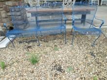 Painted Blue Metal Mesh Bench and Chair