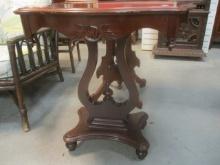 Harp Base Mahogany Table with Carved Flower Designs