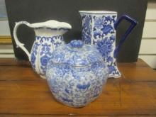 Two Blue and White Porcelain Pitchers and Melon Jar