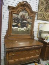 Antique Tiger Oak Vanity with Beveled Mirror Stand