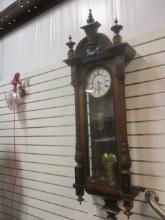 Antique 2 Tone Carved Wood Regulator Wall Clock