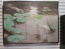 Impressionist Style Giclee Cranes in Lily Pad Pond Artwork