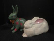 Two Handpainted Pottery Rabbit Figures