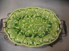 Elements Green Glazed Platter with Bronzed Metal Stand