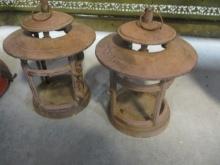 Pair of Cast Metal Pillar Candle Lanterns