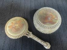 Painted Cast Metal Vanity Box, Handled Compact Mirror