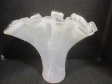 Large White Swirl Art Glass Handkerchief Vase
