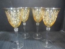 Amber Bowl Etched Leaf Design Crystal Stems