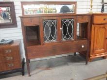 Antique Tiger Oak Side Board w/ Beveled Mirror Backsplash