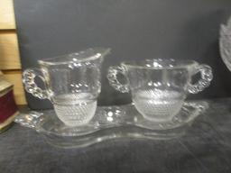 Vintage Duncan Miller "Teardrop" Clear Footed Open Sugar & Creamer Tray Set
