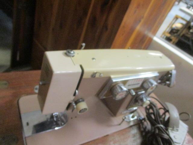 Vintage Aldens Dynamic Motor Sewing Machine in Wood Flip-Top Cabinet