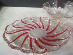 2 Vintage Red Glass Candle Drip Catchers, Frosted Ruby Divided Tray, and