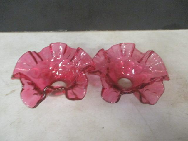 2 Vintage Red Glass Candle Drip Catchers, Frosted Ruby Divided Tray, and