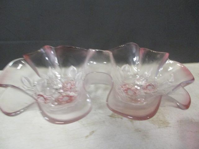 2 Vintage Red Glass Candle Drip Catchers, Frosted Ruby Divided Tray, and